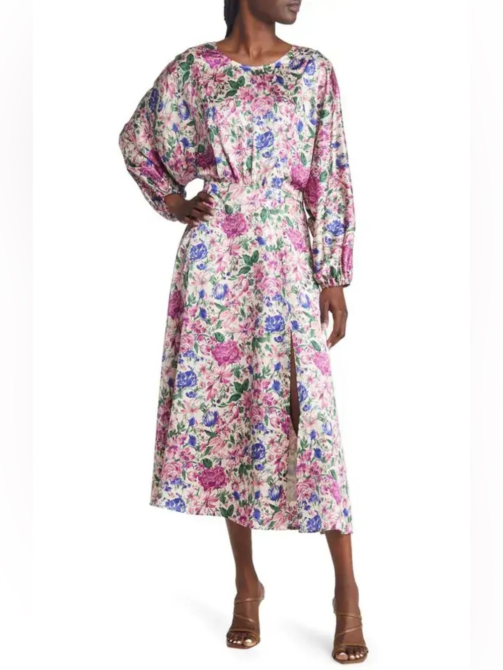 Floret Studios Floral Satin Print Midi Dress